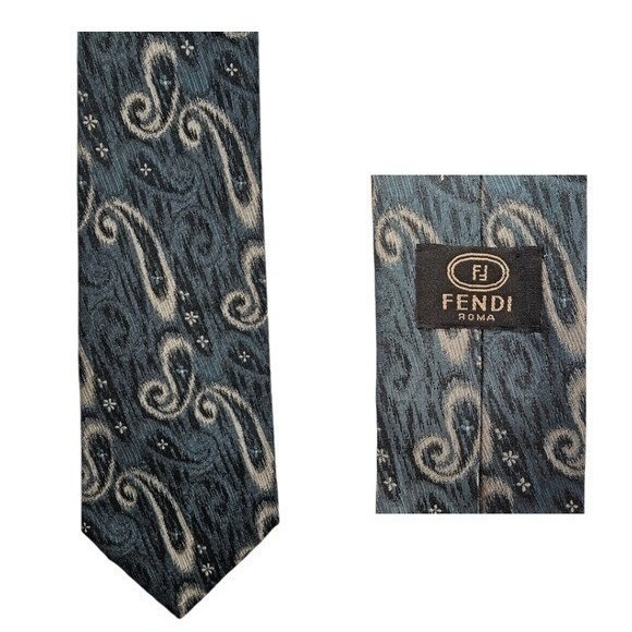 Fendi Other - Vintage Fendi Italy Designer Silk Paisley Tie 3 1/2 wide 57 in Long Blue Cream